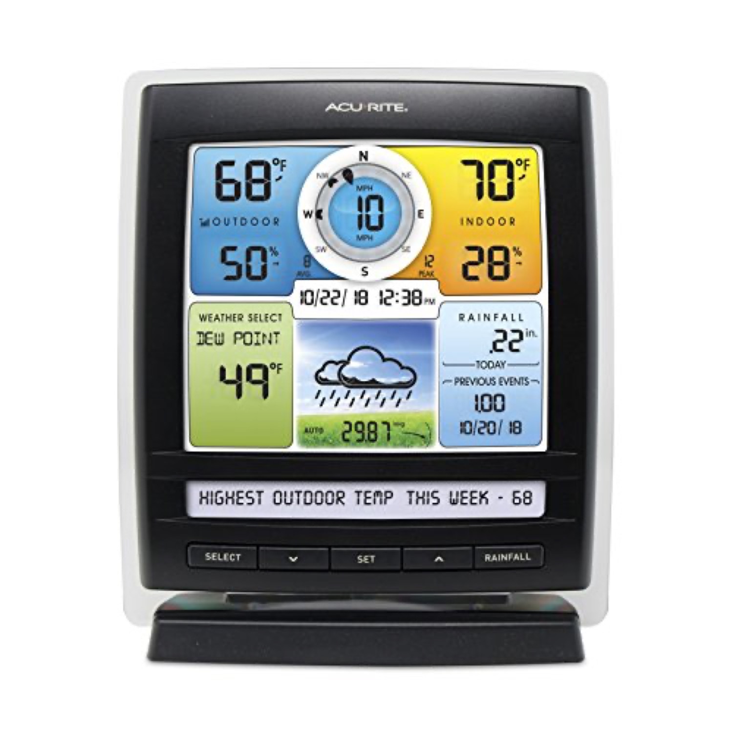 AcuRite 06016RM colour display shown from the front with the weather ticker