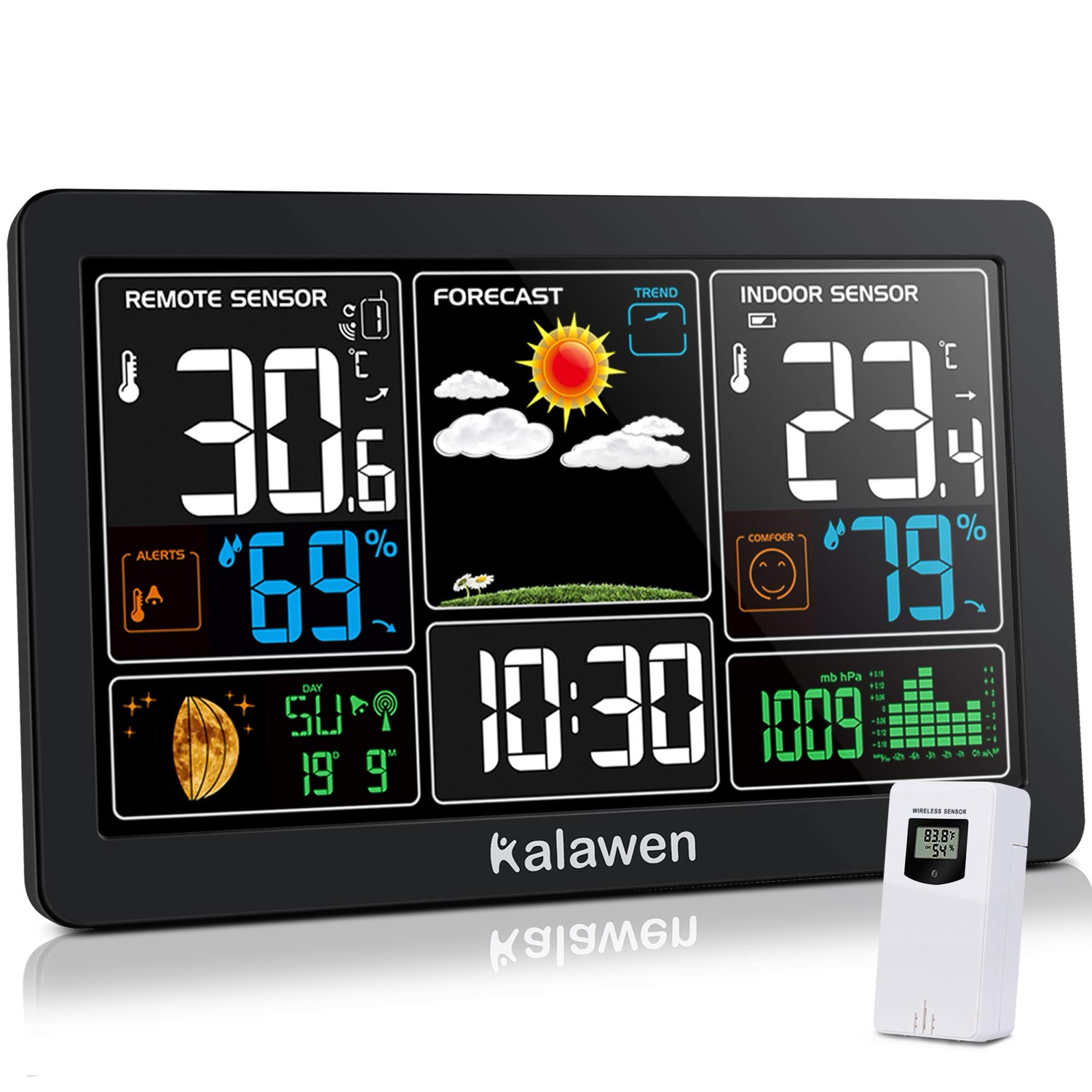 Kalawen 9-in-1 colour weather station shown from the front with its large display