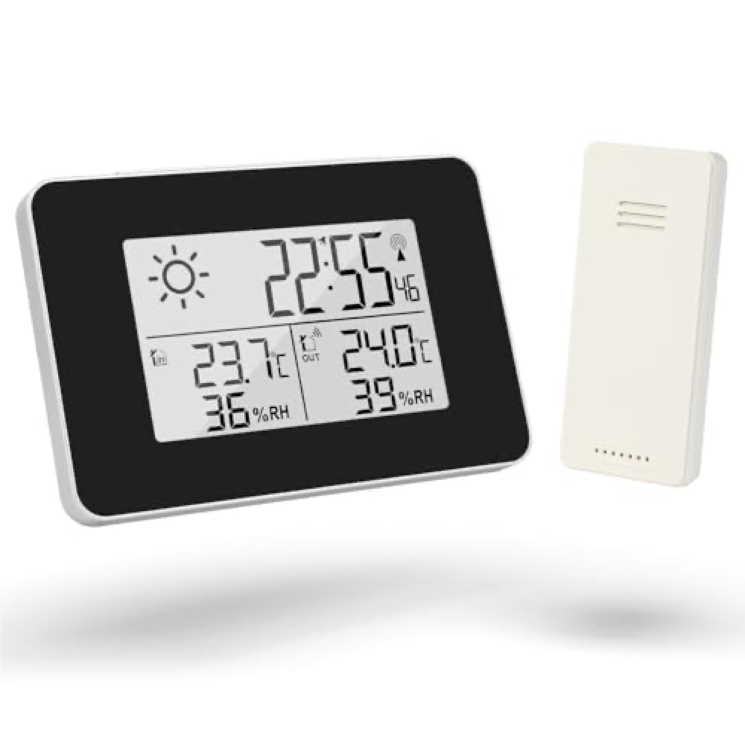 OFFCUP wireless weather station shown from the front with its display