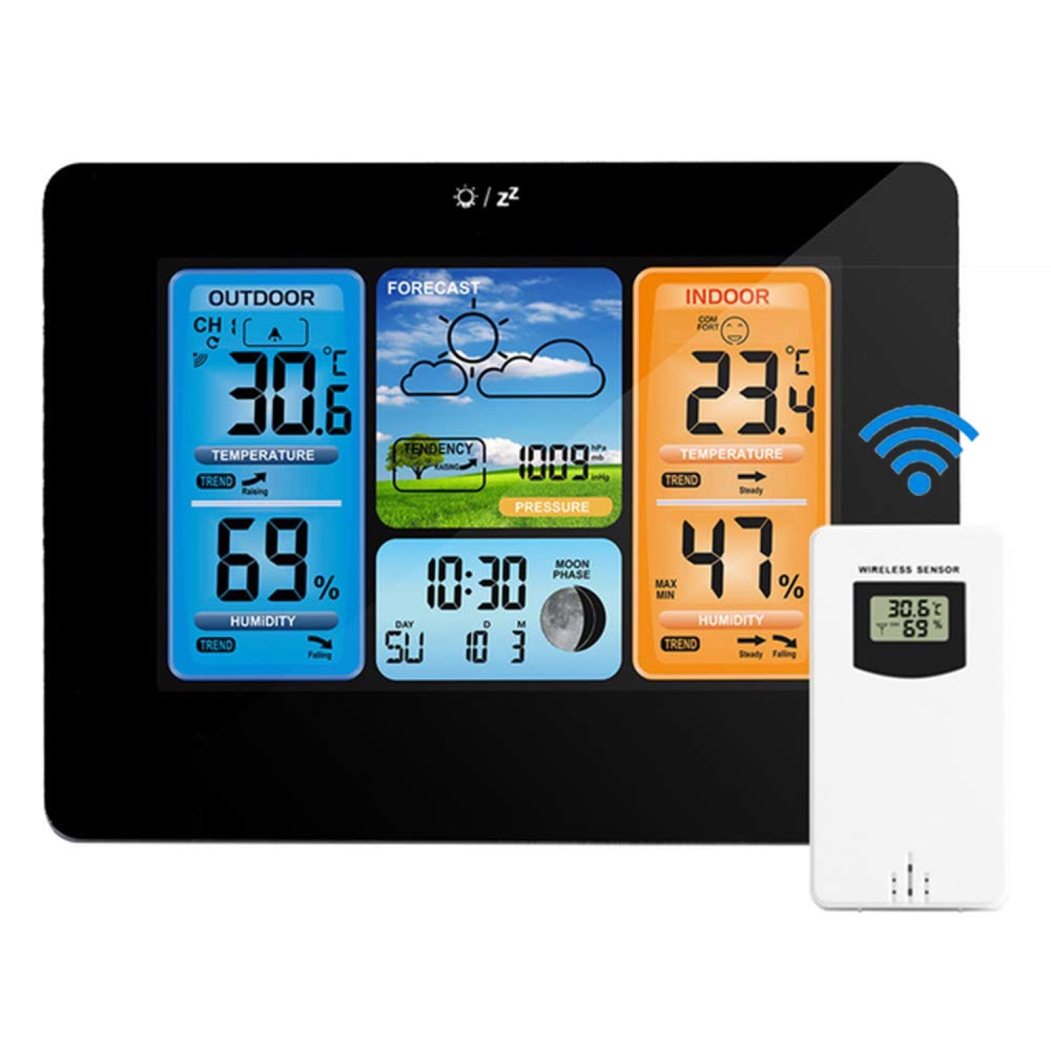 Powcan colour weather station shown from the front with its display