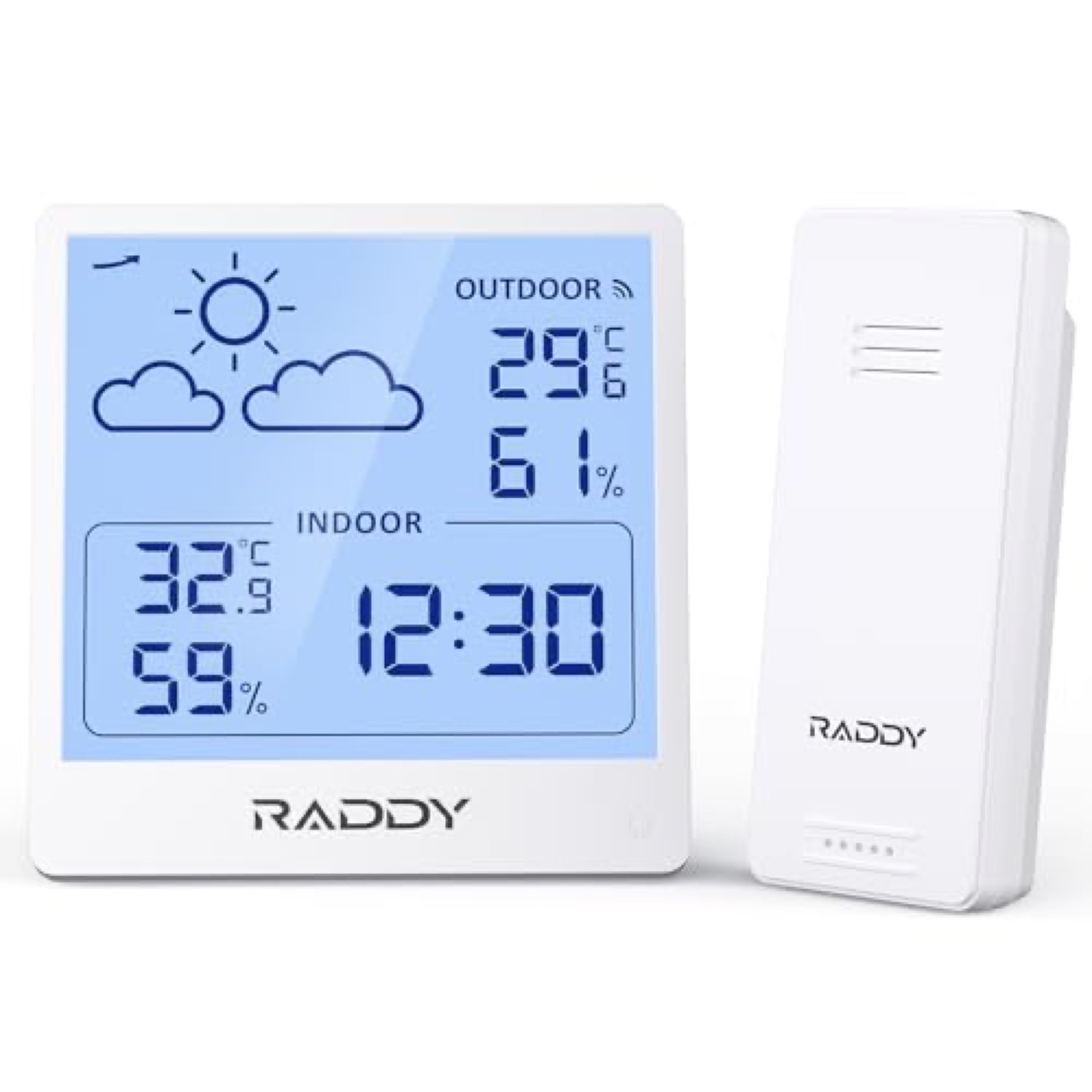 Raddy WF-50T white weather station shown from the front with its 5-inch display