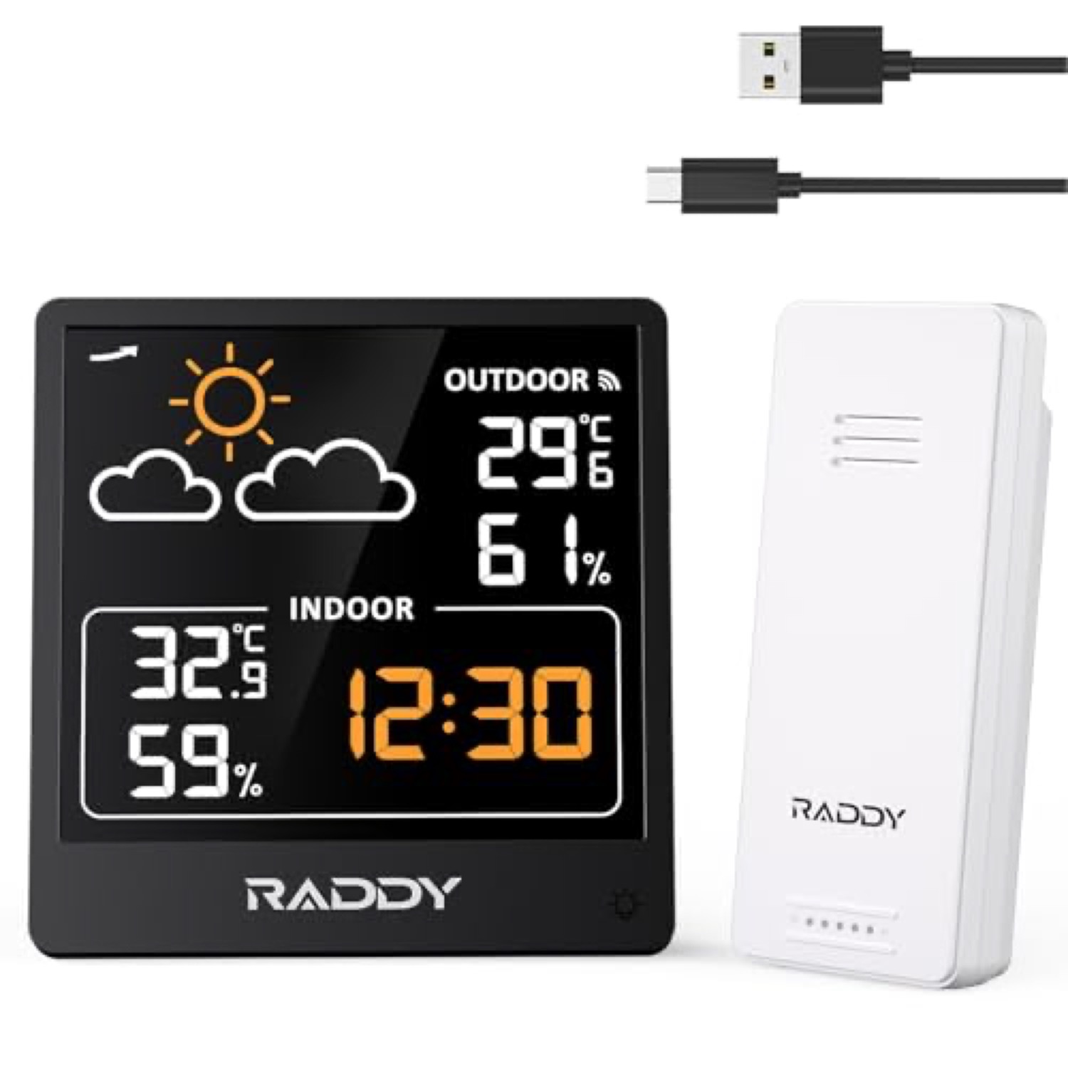 Raddy WF-50V black weather station shown from the front with its 5-inch display