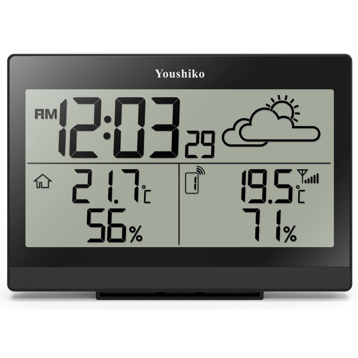 Youshiko YC9350 premium weather station shown from the front with its clear display