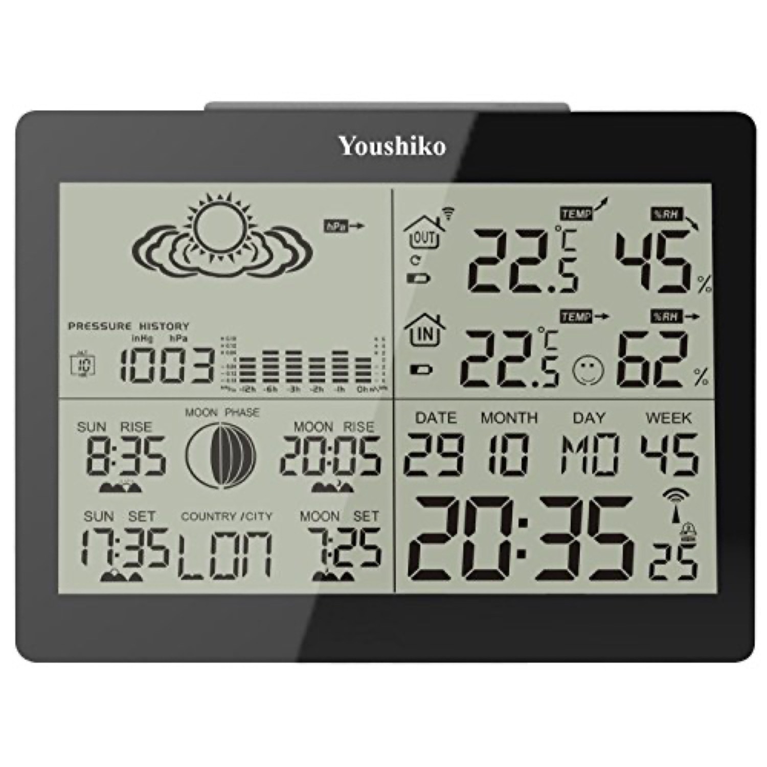 Youshiko YC9360 radio-controlled weather station shown from the front